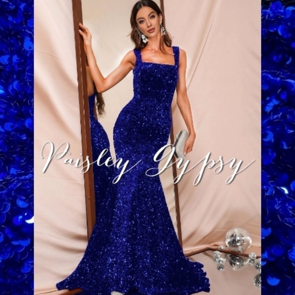 Blue Sequined Pendulum Special Event Maxi Dress